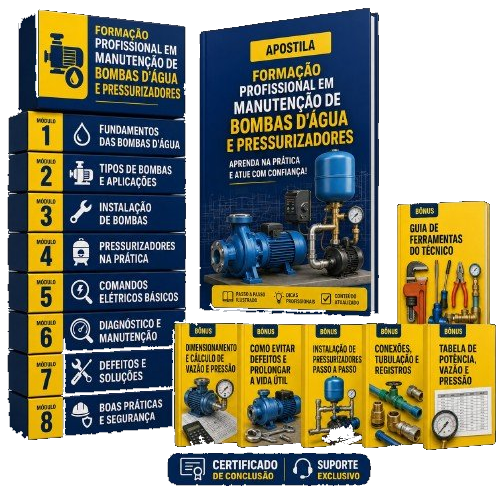 Mockup do curso de Manutenção de Bombas D'Água e Pressurizadores com apostila, módulos e bônus